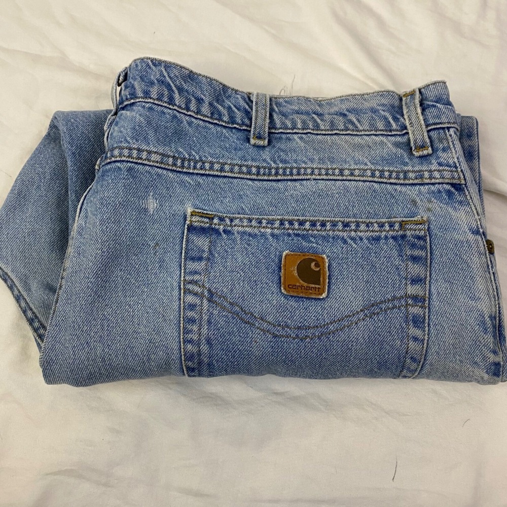 Carhartt Jeans Mens 44 Light Wash Cut Off Raw Hem Relaxed Fit Workwear Denim GUC - Picture 3 of 11